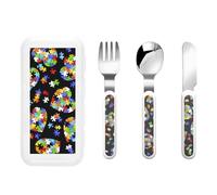 Autism Awareness Puzzle Pieces Heart Print Stainless Knife Fork Spoon 3-Piece Set,Flatware Cutlery Set with Storage Case