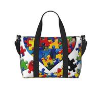Autism Awareness Puzzle Pieces Heart Print Travel Duffel Bag, Lightweight Water-Resistant Weekender Spacious Gym & Travel Bag for Men, Women & Teens