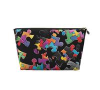 Autism Awareness Puzzle Pieces Heart Print Travel Makeup Bag Cosmetic Toiletry Bag Wash Bag Multifunctional Storage with Zipper for Women Girls Gold