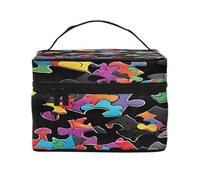Autism Awareness Puzzle Pieces Heart -Print Waterproof Large Cosmetic Bag for Travel & Gym, Makeup Organizer with 4 Elastic Straps & Compartments,Premium Twill Fabric.