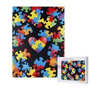 Autism Awareness Puzzle Pieces Heart Printed Jigsaw Puzzle with Storage Box, Wooden Puzzle for Adults and Kids, 500 Pieces Family Fun Decorative Game, 38x52 CM
