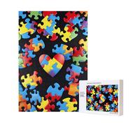 Autism Awareness Puzzle Pieces Heart Printed Jigsaw Puzzle with Storage Box, Wooden Puzzle for Adults and Kids, 300 Pieces Family Fun Decorative Game, 28x40 CM