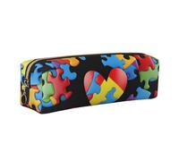 Autism Awareness Puzzle Pieces Heart Printed Leather Pencil Case Cute Stationery Organizer Simple Makeup Bag Pen Pouch, Gold Zipper