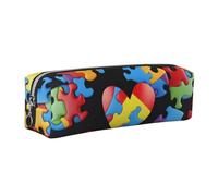 Autism Awareness Puzzle Pieces Heart Printed Leather Pencil Case Cute Stationery Organizer Simple Makeup Bag Pen Pouch, Silver Zipper