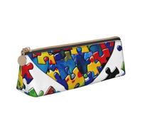 Autism Awareness Puzzle Pieces Heart Printed Leather Pencil Case Triangle Pen Pencil Pouch Office Large Pencil Bag Stationery Box for Men Women Teens Students