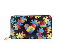 Autism Awareness Puzzle Pieces Heart Printed Leather Wallet for Men Women, Long Clutch Handbag with 12 Card Holder and 3 Money Clip