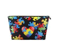 Autism Awareness Puzzle Pieces Heart Printed Toiletry Bag for Women Girl Portable Travel Cosmetic Bag Leather Makeup Pouch Organizer with Gold Zipper