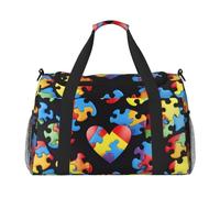 Autism Awareness Puzzle Pieces Heart Printed Travel Duffel Bag, Large Capacity Carry On Hand Luggage Weekend Bag for Women Men Gym Weekend