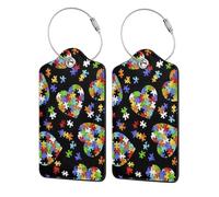 Autism Awareness Puzzle Pieces Heart Printing Luggage Tags for Suitcases Pu Leather Luggage Tags Privacy Flip Cover, Stainless Steel Loop & Waterproof Address Card (1pack/2pack/4pack)