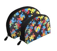 Autism Awareness Puzzle Pieces Heart Printing Shell Makeup Bag Set 2-Piece Cosmetic Bags Portable Travel Makeup Storage Bag for Women Girls