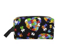Autism Awareness Puzzle Pieces Heart Prints Large Makeup Bag Makeup Pouch with Handle, Portable Simple Travel Makeup Organizer Case for Women
