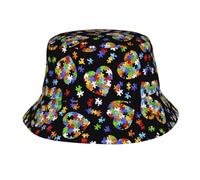 Autism Awareness Puzzle Pieces Heart Reflective Bucket Hat - Festival Sun Hat - Perfect Accessory for Summer Travel, Beach, Outdoor Cap & Sports Black, Black, One size