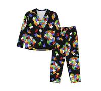 Autism Awareness Puzzle Pieces Heart Women'S Long-Sleeved Pajama Set Tops And Pants Nighttime Sleep Relax Lazy Weekend Black