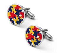 Autism Awareness Puzzle Shirt Cufflinks Round Cuff Links for Business Wedding Party Father's Day Gift 1.7cm
