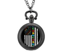 Autism Awareness Puzzle US Flag Vintage Pocket Watch Alloy Pendant Watches Necklace Gift for Men Women Black-Style