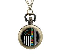 Autism Awareness Puzzle US Flag Vintage Pocket Watch Alloy Pendant Watches Necklace Gift for Men Women Coppery-Style