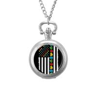 Autism Awareness Puzzle US Flag Vintage Pocket Watch Alloy Pendant Watches Necklace Gift for Men Women Silver-Style