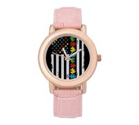 Autism Awareness Puzzle US Flag Womens Elegant Watch Analogue Quartz Watch Leather Band Wristwatch