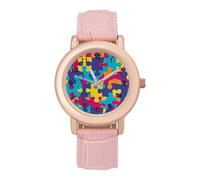 Autism Awareness Puzzle Women's Wrist Watch Fashion Wristwatches with Pink Strap Gifts for Women Mother Wife Birthday