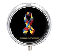 Autism Awareness Ribbon Small Pill Organizer with 3 Compartments Travel Medicine Case Portable Round Vitamin Storage Box