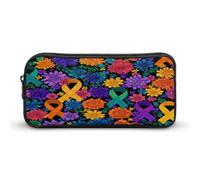 Autism Awareness Ribbons Flowers Print Pencil Pouch Cute Pen Case with Zippered Aesthetic Makeup Bag