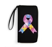 Autism Awareness Ribbons Long Wallet PU Leather Credit Card Holder Money Clip Purse with Hand Strap