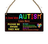 Autism Awareness Sign - 'A Child with Autism Lives Here' - MDF Wood Plaque with Essential Safety Reminders - Vibrant Indoor Plaque for Autism Awareness & Home Safety (Medium: 24 cm (W) × 11 cm (H))