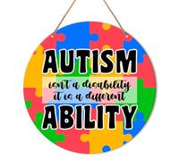 Autism Awareness Sign Decor, Autism Hanging Sign Decor Wall Decorations Wood Sign for Door, Home, Classroom, Gift for Autism Family Mom, Autism Isn't a Disability It Is a Different Ability