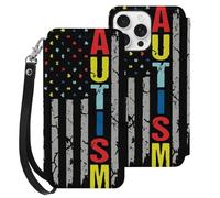 Autism Awareness U.S.A Flag Leather Flip Phone Case Wallet Cover Compatible with iPhone 16/16 Plus/16 Pro/16 Pro Max/16 E
