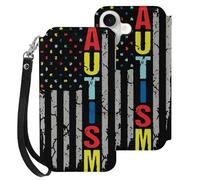 Autism Awareness U.S.A Flag Leather Flip Phone Case Wallet Cover Compatible with iPhone 16/16 Plus/16 Pro/16 Pro Max/16 E