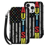 Autism Awareness U.S.A Flag Leather Flip Phone Case Wallet Cover Compatible with iPhone 16/16 Plus/16 Pro/16 Pro Max/16 E