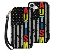 Autism Awareness U.S.A Flag Leather Flip Phone Case Wallet Cover Compatible with iPhone 16/16 Plus/16 Pro/16 Pro Max/16 E