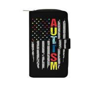 Autism Awareness U.S.A Flag Women's Bifold Wallet Leather Card Holder Purse Fashion Clutch Handbag with RFID Blocking