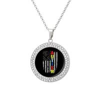 Autism Awareness USA Flag Fashion Women's Diamond Necklace Shiny Round Pendant Jewelry Romantic Gifts