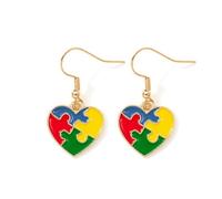 Autism Earrings Multi Color Enamel Autism Awareness Puzzle Piece Heart Shaped Drop Dangle Earrings for Women Inspirational Jewelry, enamel, No Gemstone