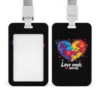 Autism Love Needs No Words Funny ID Badge Holder with Lanyard Name Card Holders for Work Nurse Teacher