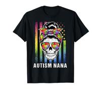 Autism Nana Cool Messy Bun Girl USA American Flag Vintage T-Shirt