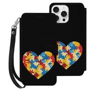 Autism Puzzle Heart Leather Flip Phone Case Wallet Cover Compatible with iPhone 16/16 Plus/16 Pro/16 Pro Max/16 E