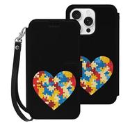 Autism Puzzle Heart Leather Flip Phone Case Wallet Cover Compatible with iPhone 16/16 Plus/16 Pro/16 Pro Max/16 E