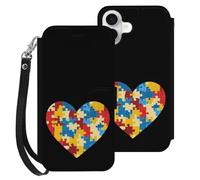 Autism Puzzle Heart Leather Flip Phone Case Wallet Cover Compatible with iPhone 16/16 Plus/16 Pro/16 Pro Max/16 E