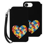 Autism Puzzle Heart Leather Flip Phone Case Wallet Cover Compatible with iPhone 16/16 Plus/16 Pro/16 Pro Max/16 E