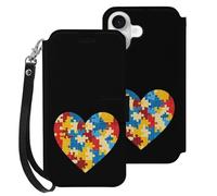 Autism Puzzle Heart Leather Flip Phone Case Wallet Cover Compatible with iPhone 16/16 Plus/16 Pro/16 Pro Max/16 E