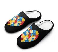 Autism Puzzle Heart Men's Cotton Slippers Soft Comfy Slip Indoor Outdoor Casual House Shoes for Winter 9-10（42-43）