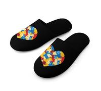 Autism Puzzle Heart Men's Flannel Slipper Soft Non Slip House Shoes Comfy Winter Warm Indoor Outdoor Slippers