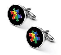 Autism Puzzle Piece Shirt Cufflinks Round Cuff Links for Business Wedding Party Father's Day Gift 2.0cm