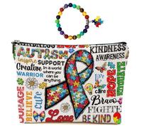Autism Puzzle Ribbon Makeup Bag for Women Teacher Mom, Large Capacity Makeup Pouch Travel Organizer Toiletry Cosmetic Bag, Autistic Puzzle Elastic Natural Stone Beaded Bracelet, Gifts for Women 1