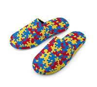 Autism Puzzles Pattern Flannel Men's Slip-on Slippers Soft Warm House Shoes Cotton-Lining Rubber Sole for Home Hotel 41-42_（7.5-8.5）