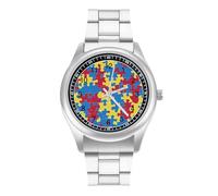 Autism Puzzles Pattern Men's Steel Strap Watch Easy Reader Casual Silver Dial Fashion Analog Watches
