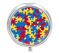 Autism Puzzles Pattern Mini Pill Organizers Cute Round Pills Box Portable 3 Compartment Medicine Case Box for Travel