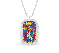 Autism Puzzles Pattern Women's Square White Diamond Necklace Adjustable Pendant Chain Gift for Mom